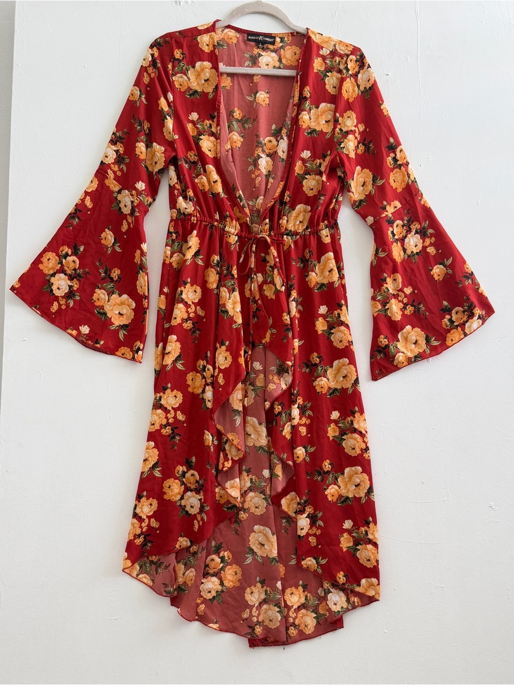 NEW Almost Famous red floral kimono duster flowy high-low Boho Bohemian LARGE